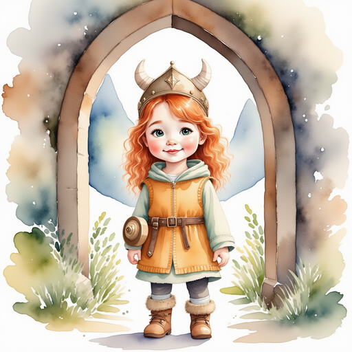 Bolda standing at her doorway, wearing a small wooden helm with morning light shining on her. In the background tall snowy mountains
