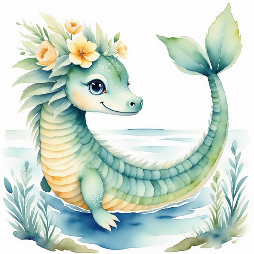 Nessie Sparkles watching the treeline closely from the water’s edge. In the background, rippling water reflecting the sky