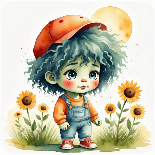 Zigzag Zander looking down at the silent flowers, seeming concerned. In the background, tall sunflowers droop under the pale moon.