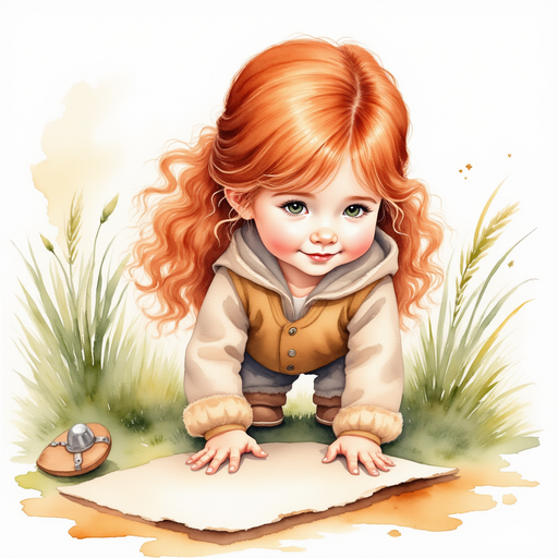 Bolda bends over a piece of parchment with mysterious writing. In the background, tall grasses rustle in a gentle breeze.