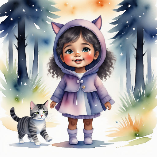 Luna Lighthug -who is black - gazes at the twinkling trees with a big smile. In the background, tiny lights glow on tall trunks.