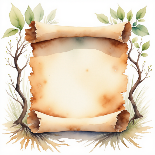 A worn, rolled parchment with faded symbols and torn edges. In the background, swirling tree roots coil.