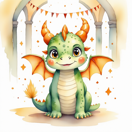 Ember Flare reads the poster with wide, curious eyes. In the background, bright streamers hang across the stone archways.