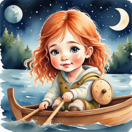 Show Bolda the Bright rowing with renewed confidence, thinking about her nighttime routine. In the background, the moonlight reflects on silent waves.