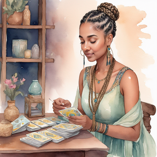Ahgaddes in tribal gown braided bun hair looking down at tarot cards on a table