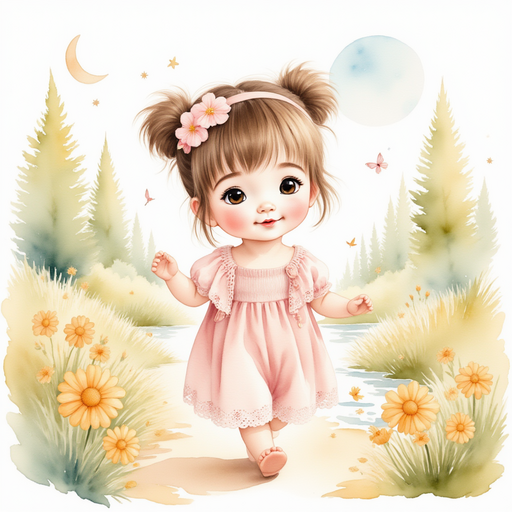 Show Tea confidently striding along the path, surrounded by golden flowers. A land of golden flowers and clear, singing streams, with a bright, cheerful sky.