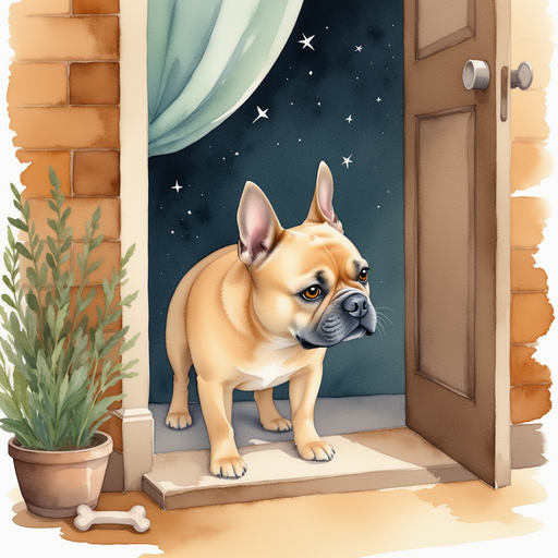 Milo - a golden-colored French bulldog - looking for his bone in his house, with a strange light shining from the window.