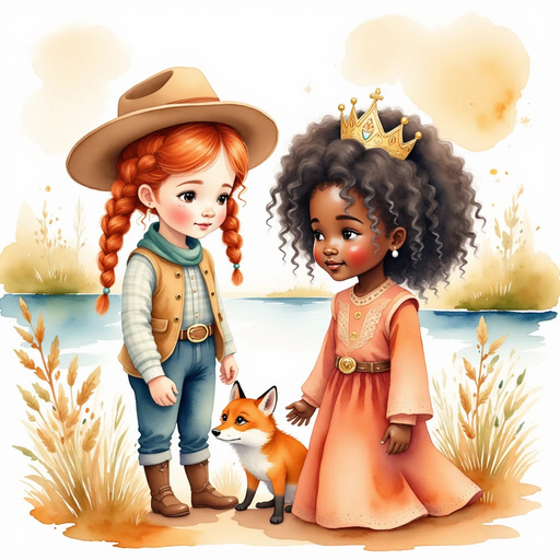 Calamity Kate pets a friendly fox while Queen Neena kneels by the riverbank. In the background, a gently flowing river glistens under sunlight.