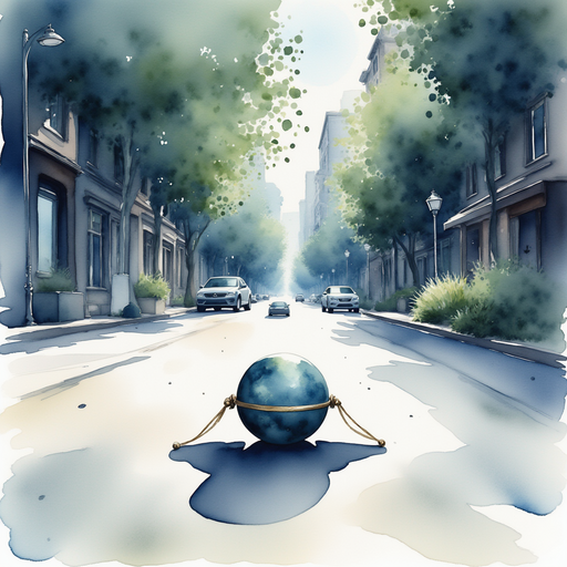 Show just the orb on the ground, faint lights flickering around its surface. In the background lies a smooth gray sidewalk and a parked flying car.
