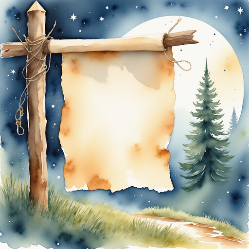 A torn parchment with faded writing flutters beside a battered wooden post. In the background, pine trees tower in the dim moonlight.