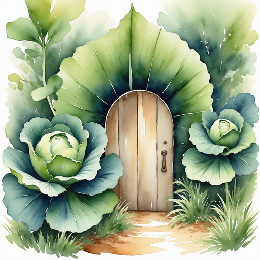 A hidden wooden door, barely visible, under a large, leafy cabbage in the garden. In the background, the dense foliage of the garden hides various secrets waiting to be uncovered.