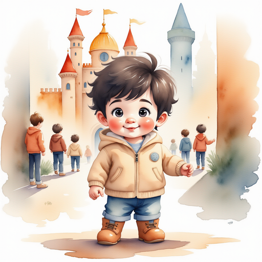 Illustrate Mario setting up his castle in a display area, looking proud and excited. In the background, an eager crowd of spectators admiring the castle.