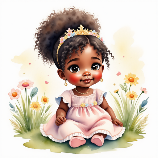 Princess Zoombella - who is black - is kneeling beside daisies In the background, sunbeams peek through the leaves