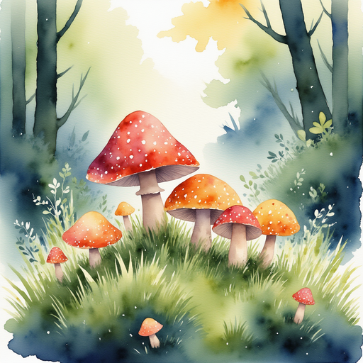 A cluster of colorful mushrooms sitting on soft moss. In the background, damp leaves covering the forest floor