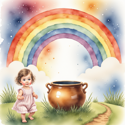 Sofia standing in front of an empty pot at the end of the rainbow.