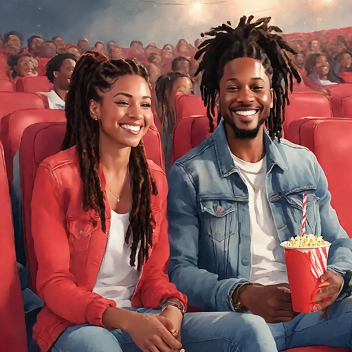 Duck smiling holding a drink with straw in hand weaing dreadlock ponytail is wearing a red and white jacket and denim jeans sitting in mivie seat next to terrified black moviegoers sitting in movie seats holding popcorn and drink
