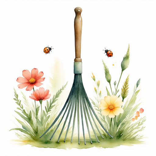 A sturdy green rake stands near colorful blossoms. In the background, tiny ladybugs crawl.