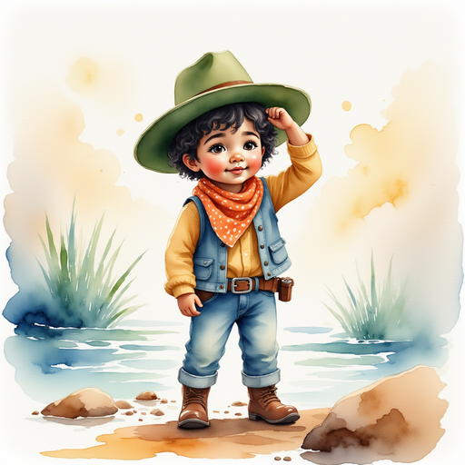 Cactus Cody stands at the river’s edge, shading his eyes with one hand. In the background, swirling flood waters under a cloudy sky