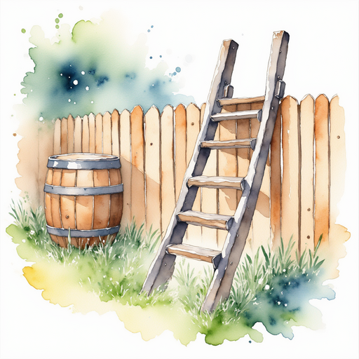Show the long ladder with small drops of water glimmering along each rung. In the background, a stack of wooden barrels stands near a fence.