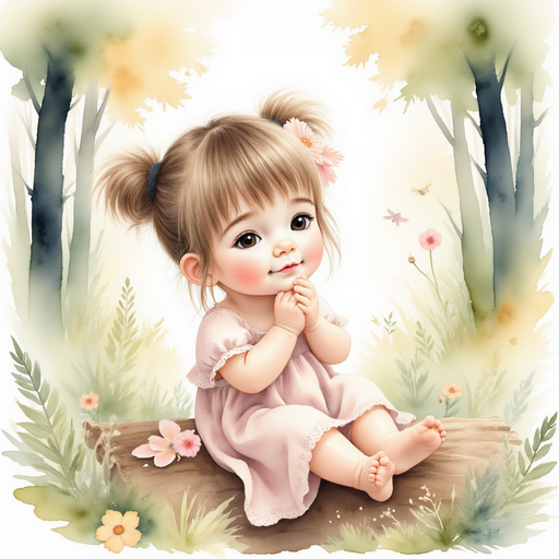Show Tea sitting alone on a log with her eyes closed, looking thoughtful and serene. Trees bathed in gentle morning light with faint, magical whispers in the air.