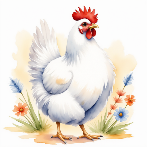 Cluckster spinning around with a cheerful expression In the background, colorful wildflowers