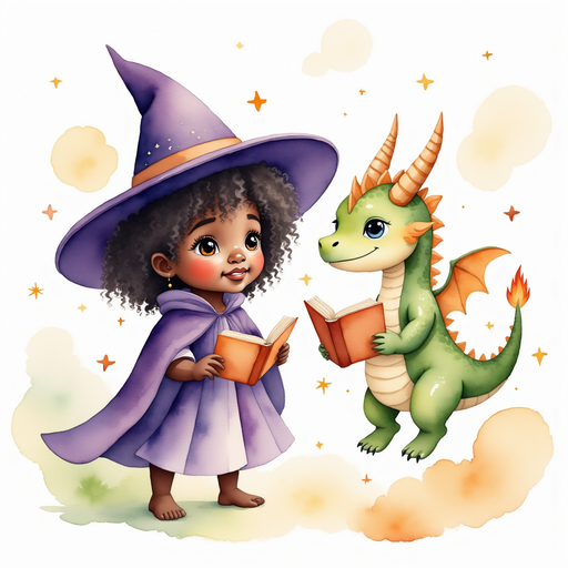 Ember Flare hovers close to Willow Charms - who is black - ,is holding a blank book with worry. In the background, sky islands float among wispy clouds.