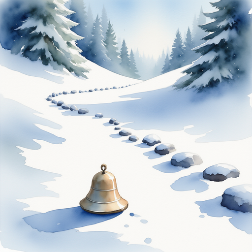 A small silver bell lies on glistening white snow. In the background, snow-covered stones line a path
