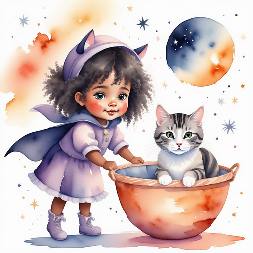 Luna - who is black - leans over the tall basket, lifting its lid. In the background, the moon softly glowing