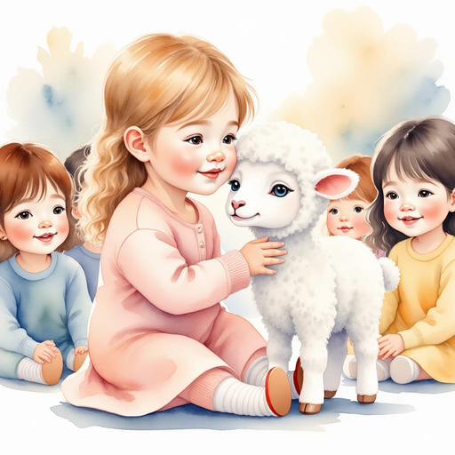 Mary's classmates gather around the lamb, their faces filled with joy and surprise. In the background, colorful drawings hang on the classroom walls.