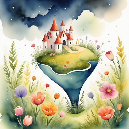 A curious funnel of wind above the colorful meadow flowers. In the background, dark clouds loom around the castle rooftops.