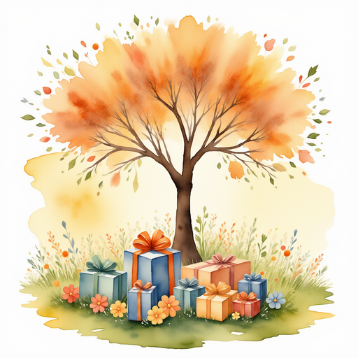 A collection of thoughtful gifts is gathered around the friendship tree. In the background, the sunset drapes a golden hue over the meadow.