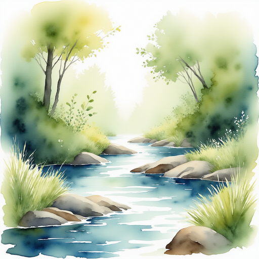 A babbling brook that whispers riddles as breezes ripple over it. In the background, leafy branches sway gently overhead.