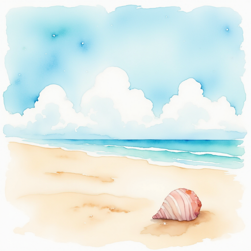 A small seashell glistens on the soft sand. In the background, fluffy clouds drift across a clear sky.