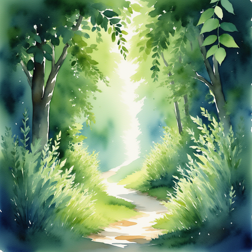 A mysterious, sparkling path glistening behind the dense green bushes. Thick, leafy bushes softly shading the hidden path.