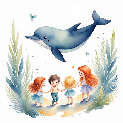 Illustrate Coral concentrating deeply as she listens to the enchanting melody of voices telling stories of old. In the background, ethereal images of merfolk and ancient tales forming in the water.