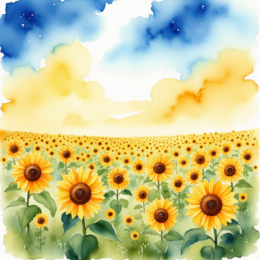 A vast field of golden sunflowers towering under a bright blue sky. Endless rows of tall sunflowers