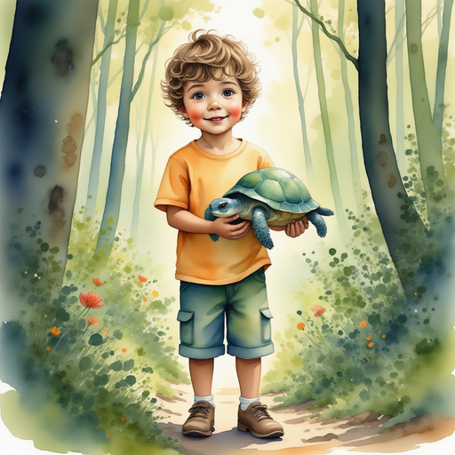 James holding Tito, his toy turtle, with a lush forest in the background.