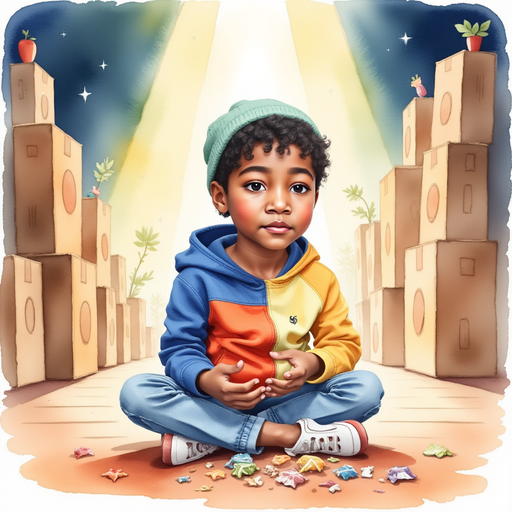 AriYah sitting cross-legged on the floor, examining a pile of small shiny objects. In the background rows of stacked boxes and a warm beam of light