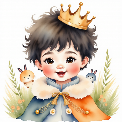 Show King Doodle Bum with a big grin and a golden crown. In the background, tiny bunnies peek from the tall grass.