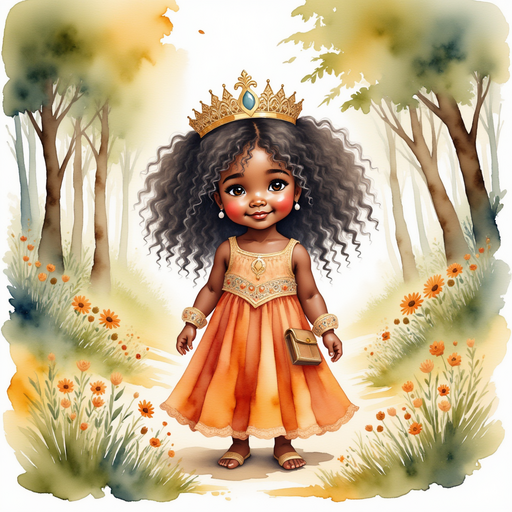 Queen Neena smiles at a grove filled with dancing children. In the background, vibrant wildflowers bloom in soft sunlight.