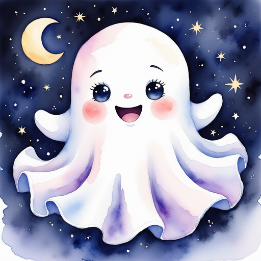 Glimmer Puff laughing up at the moon. In the background, a dark sky dotted with stars