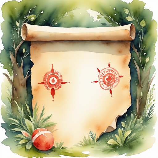 The old parchment glimmers, revealing swirling symbols in red ink. In the background, branches arch overhead like a green tunnel.