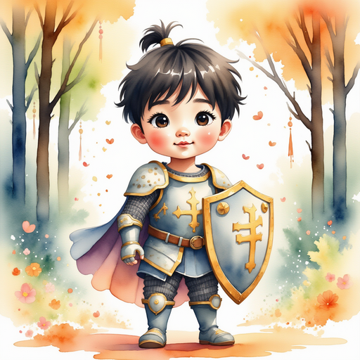 Sir Liang - who is a boy - stands among tall rainbow trees, holding her shield. In the background, sunbeams sparkle on colorful petals.