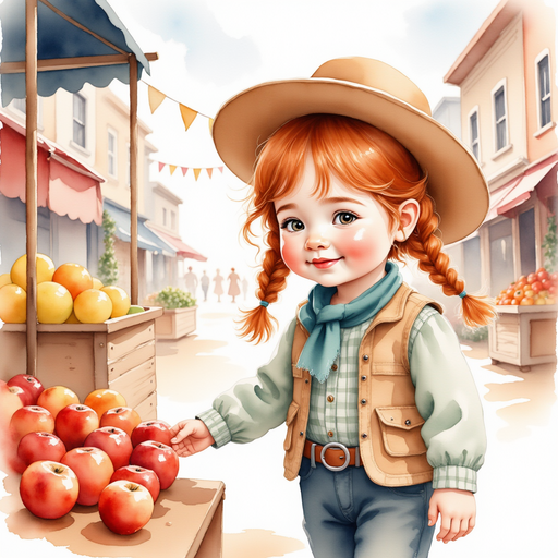 Calamity Kate stands by a fruit stall, reaching out to the apples. In the background, colorful stalls and waving flags fill the square.