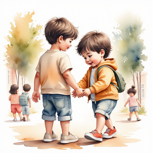 Illustrate Sid handing a swing seat to a joyful child, surrounded by playful kids. In the background, a small school building with colorful murals.