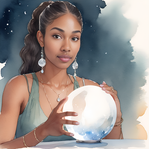 Ahgaddes portrait close-up long wavy ponytail wearing a tank top sitting in front of a luminating crystal ball on a table in a séance room gazing in a Foreboding crystal ball in seance room