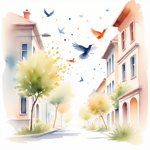 Illustrate a whispering breeze with shapes and patterns, symbolizing a secret message. In the background, a quiet neighborhood street.