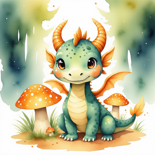 Ember stands by a group of glowing mushrooms, smiling happily. In the background, tall trees with glittering leaves.
