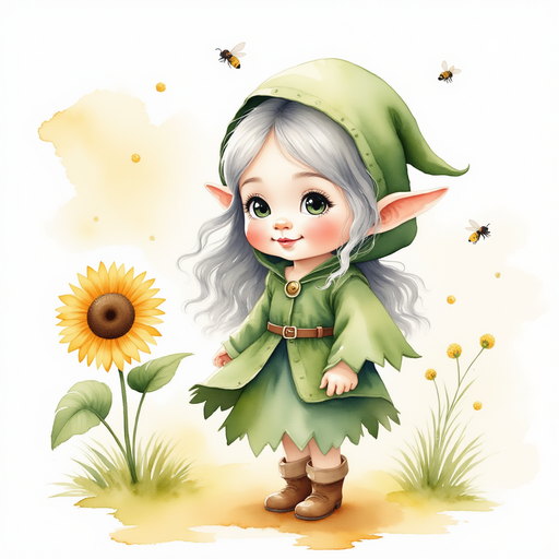 Flicker stands near a tall sunflower, grinning. In the background, bees buzz softly.