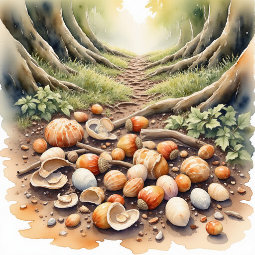 Feature a chaotic pile of branches, shells, and acorns sprawled across the forest floor. In the background, twisted tree roots form a web-like pattern on the ground.